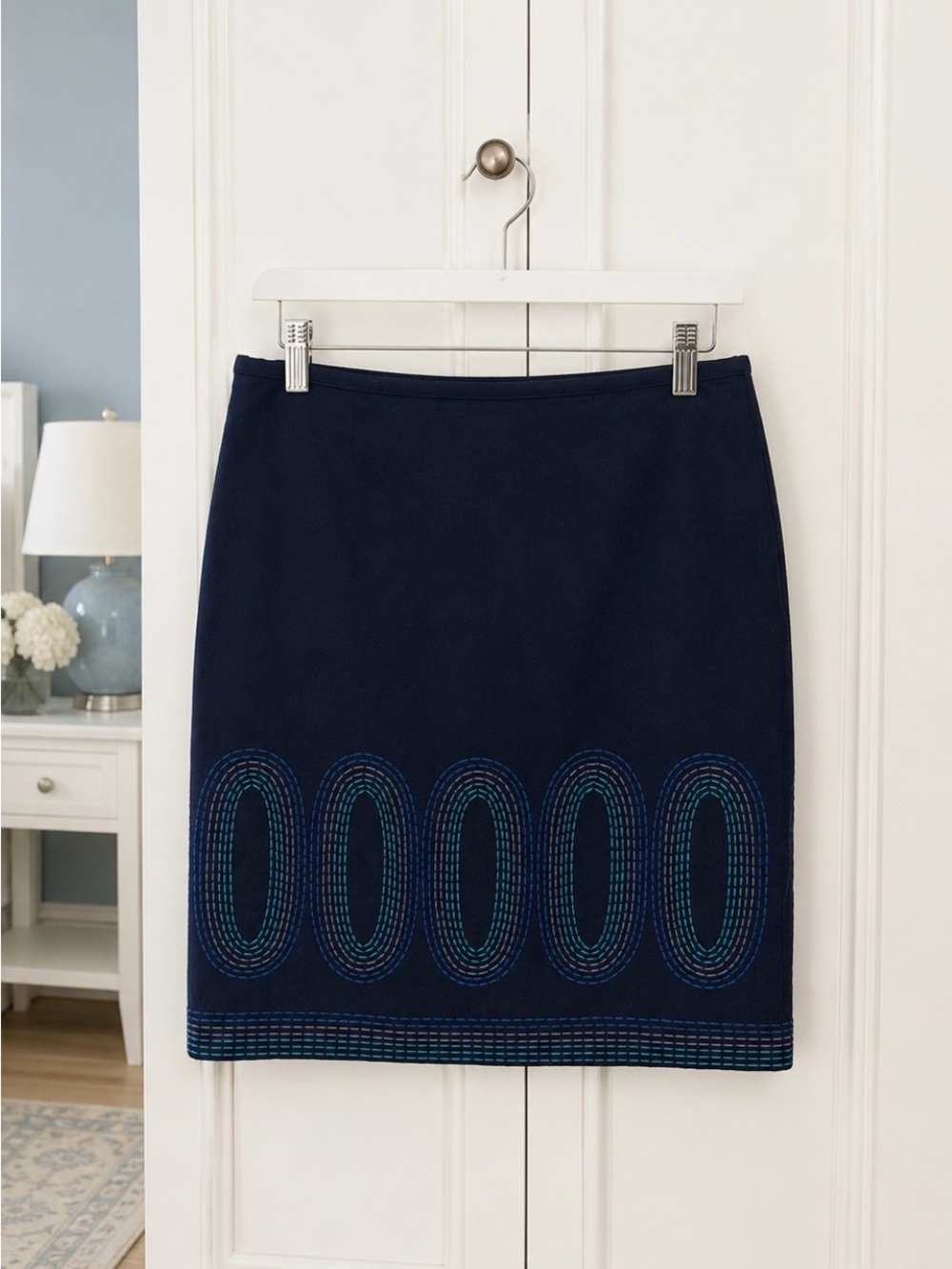 Boden Navy lined  Pencil Skirt with Teal and Blue Embroidery